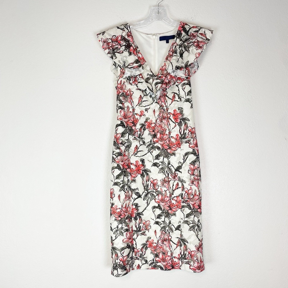 Rachel Rachel Roy Dress Size 4 Lace Overlay V-neck Ruffle Sheath Feminine Floral